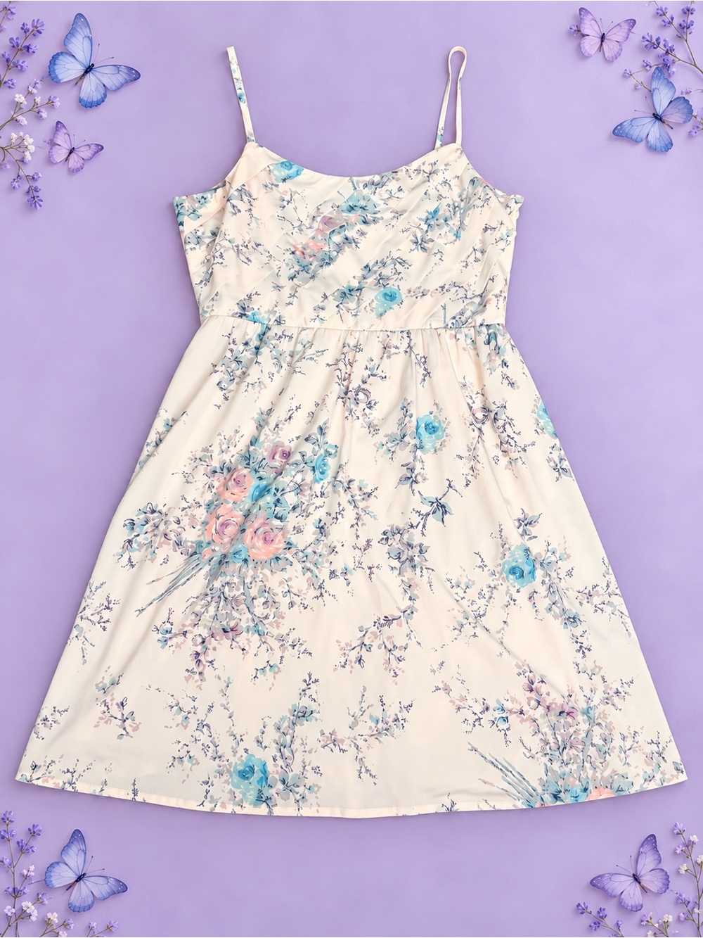 LC Lauren Conrad white Floral Spaghetti-Strap Dress with Blue and Pink Flowers